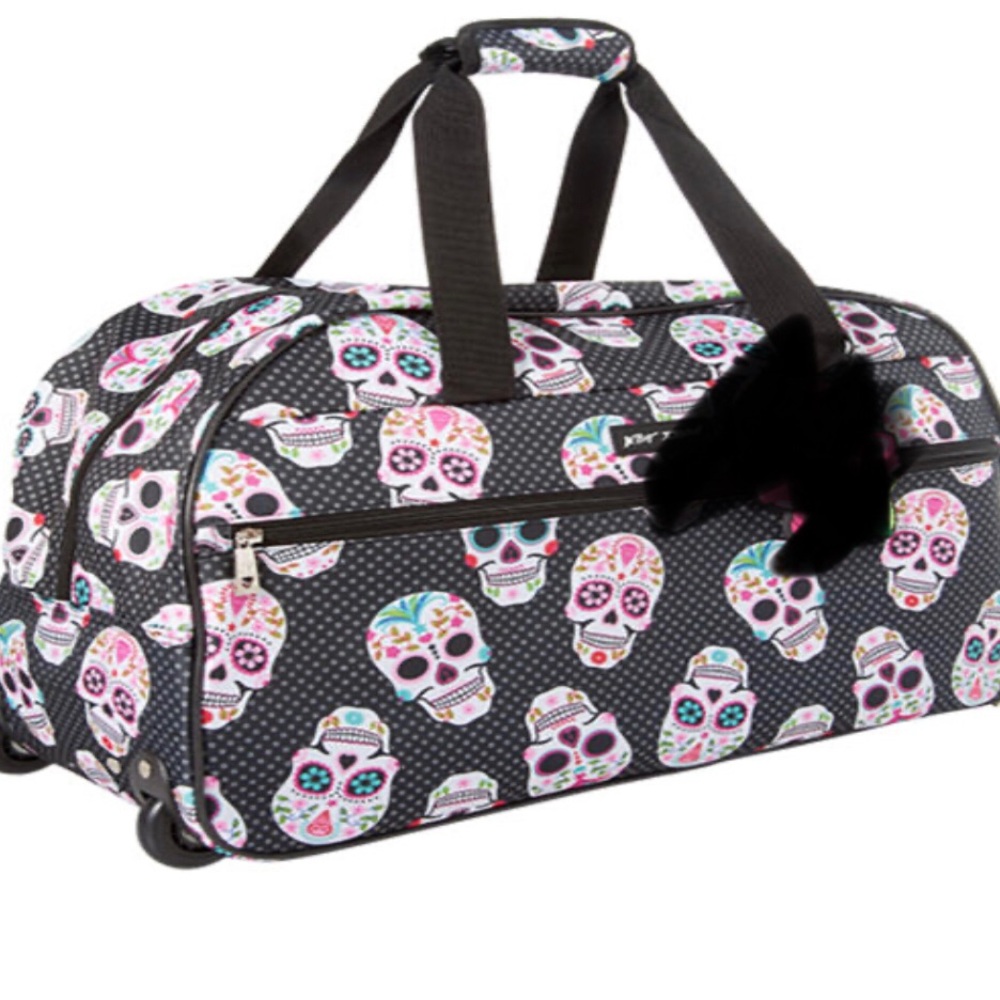 Betsey Johnson sugar skull rolling weekender
